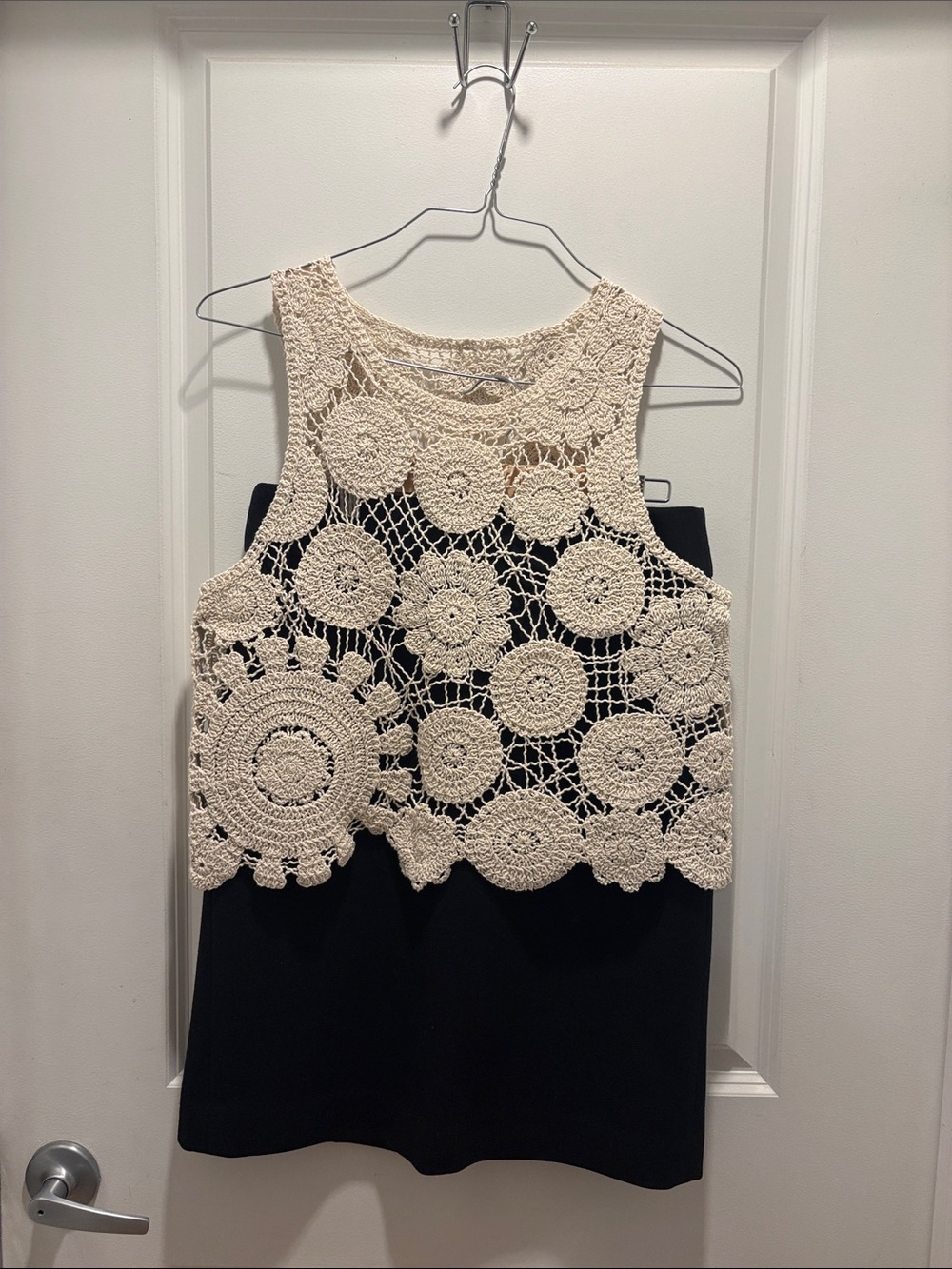 Commense Cream Crochet Overlay Crop Top with Black Base